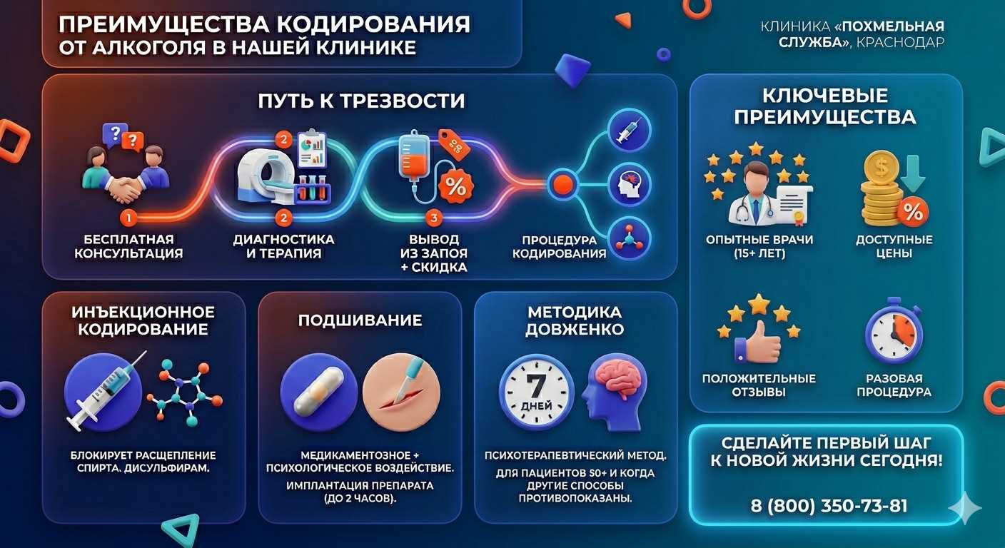 Инфографика о методах кодирования от алкоголя в Котельниках: инъекции, подшивание, метод Довженко. Преимущества клиники и этапы лечения.
